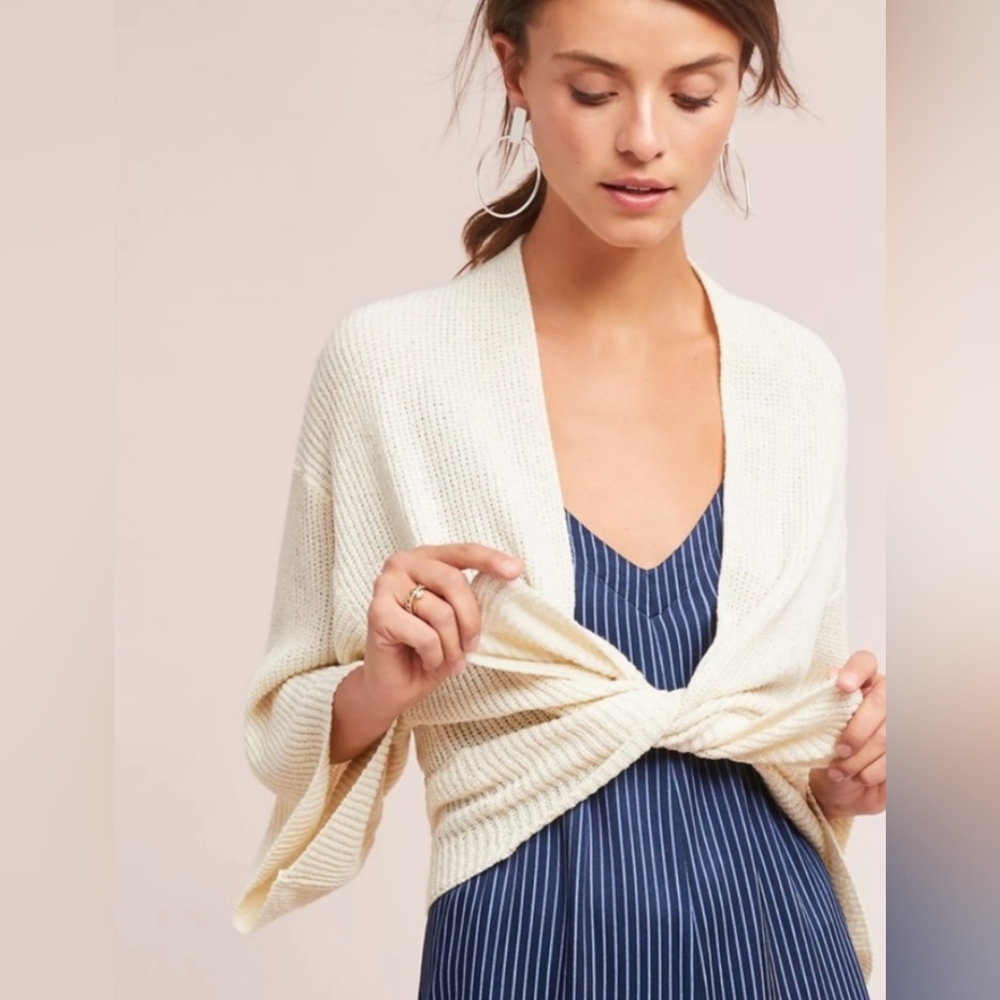 Anthropologie Cropped Knit Open Kimono Sweater / Cardigan in Bone